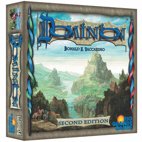 Rio Grande Games Dominion 2nd Edition components showcase rich artwork and clearly organized game pieces for quick setup.
