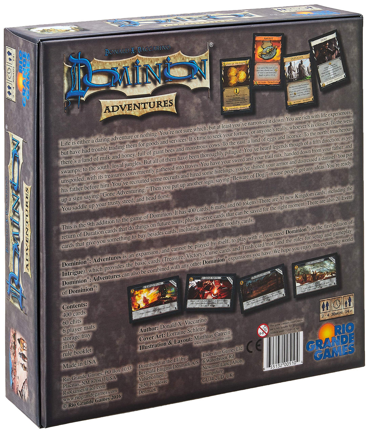 Dominion Adventures components laid out for quick, smooth setup by Rio Grande Games