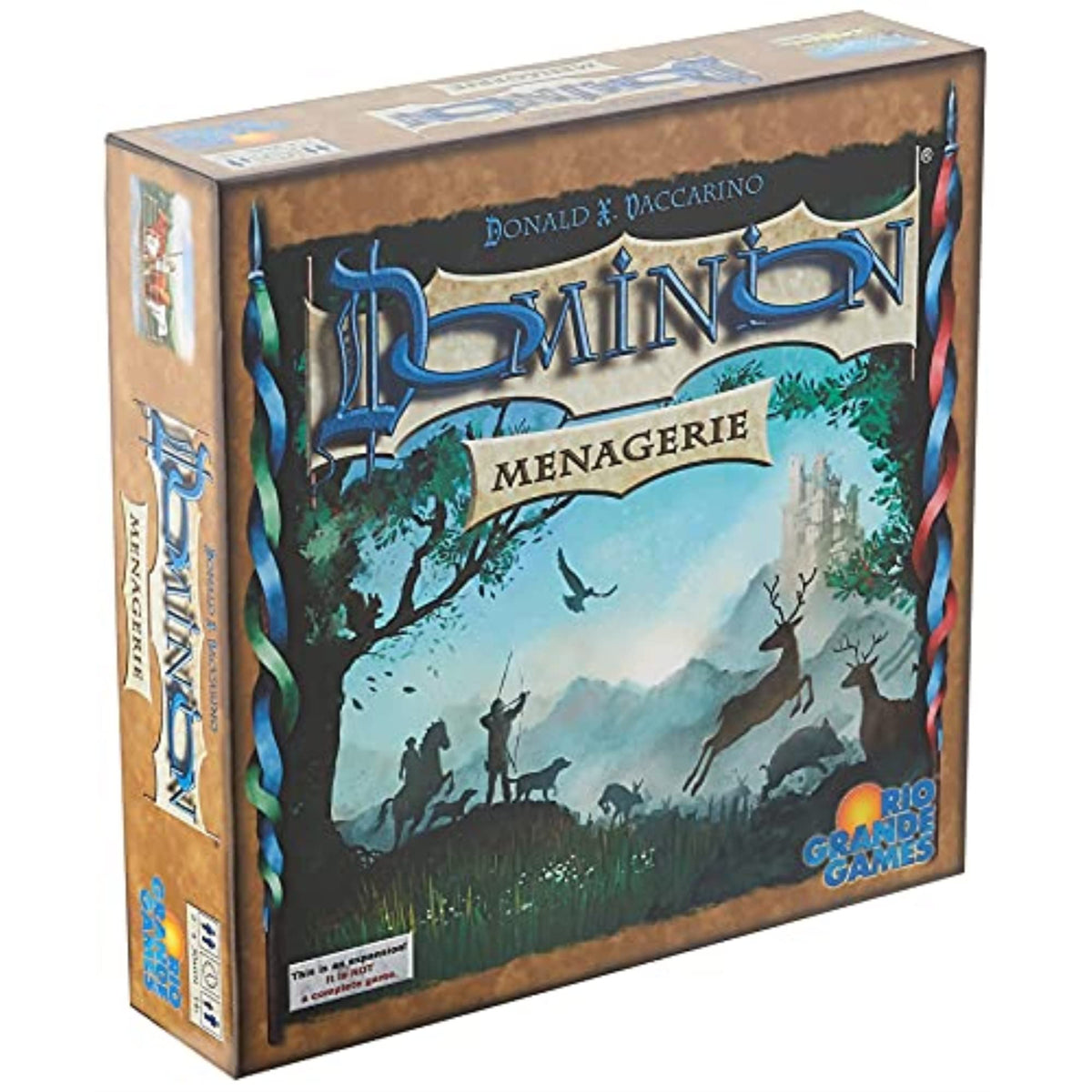 Rio Grande Games Dominion Menagerie box cover showcases animal-themed expansion for richer gameplay.