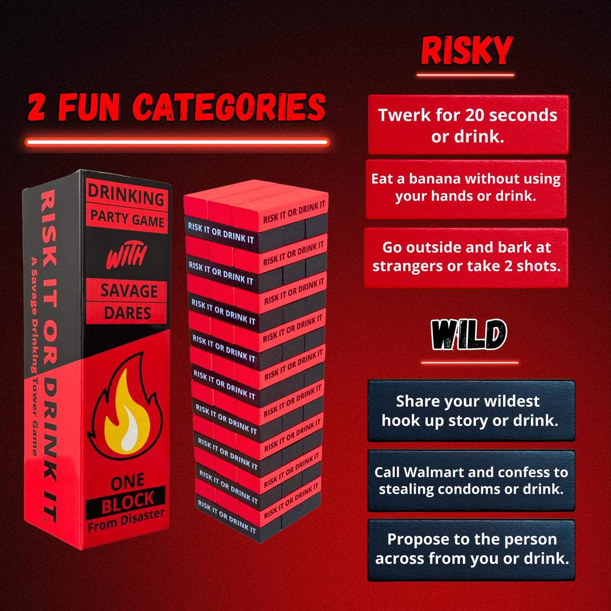 Risk It Or Drink It 54 dares highlighting exciting risks for unforgettable game nights