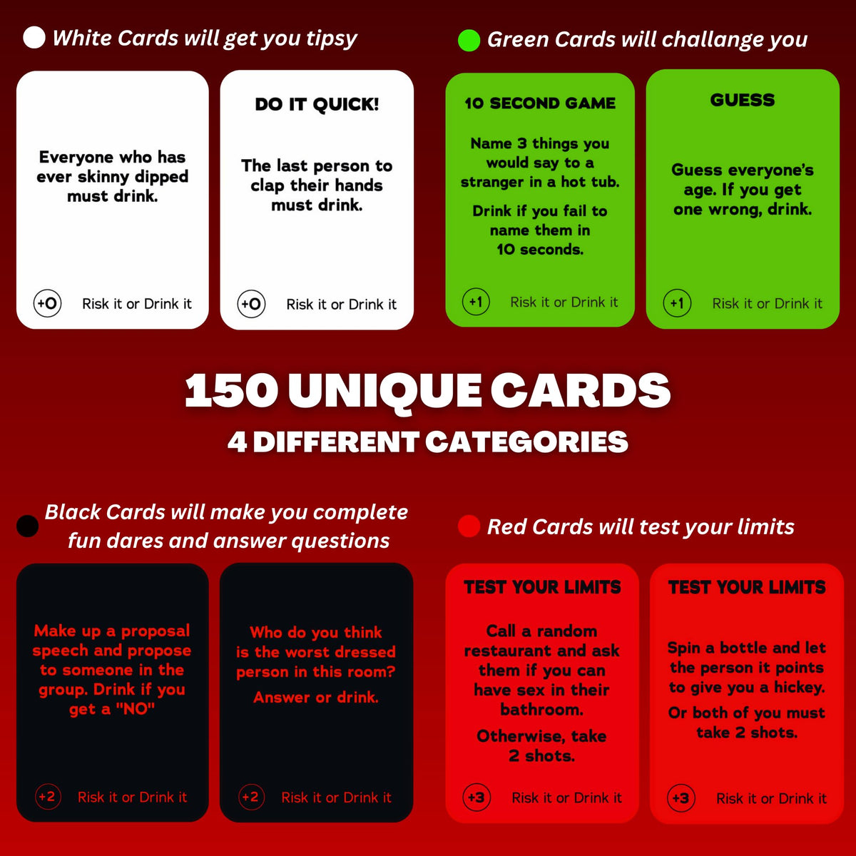 Risk It or Drink It cards black dares questions encourage laughs and bonding.