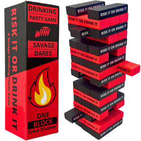 Risk It Or Drink It stacking tower with bold blocks for epic party challenges