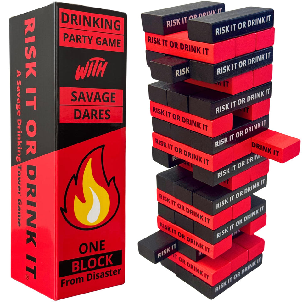 Risk It Or Drink It stacking tower with bold blocks for epic party challenges
