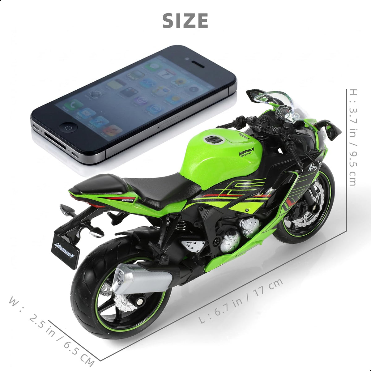 Risopen 1:12 Kawasaki Ninja ZX-6R side profile emphasizes realistic proportions for collectors