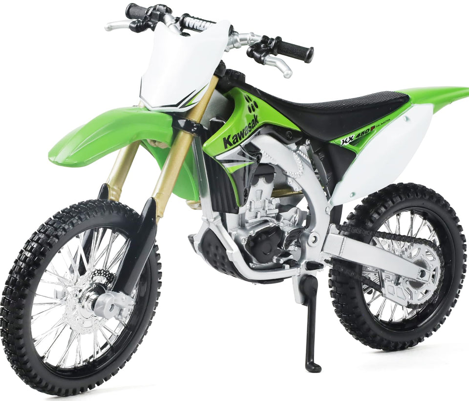 Risopen KX450F 1:12 dirtbike front view for display and imaginative play.