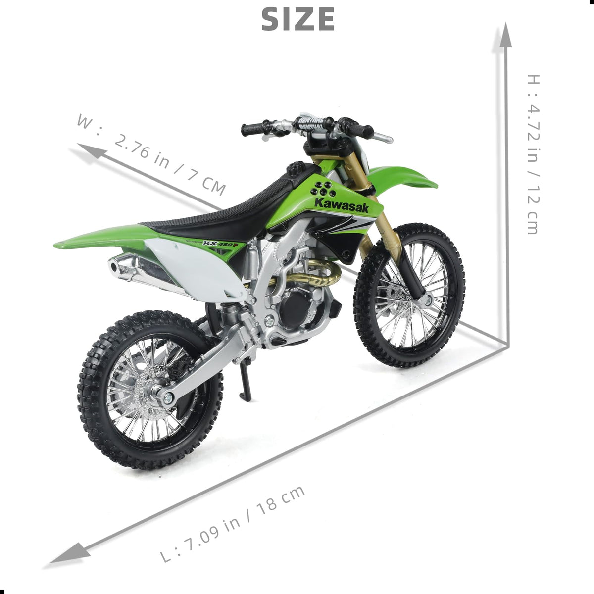 Risopen KX450F 1:12 dirtbike side view, ideal for desk decor.