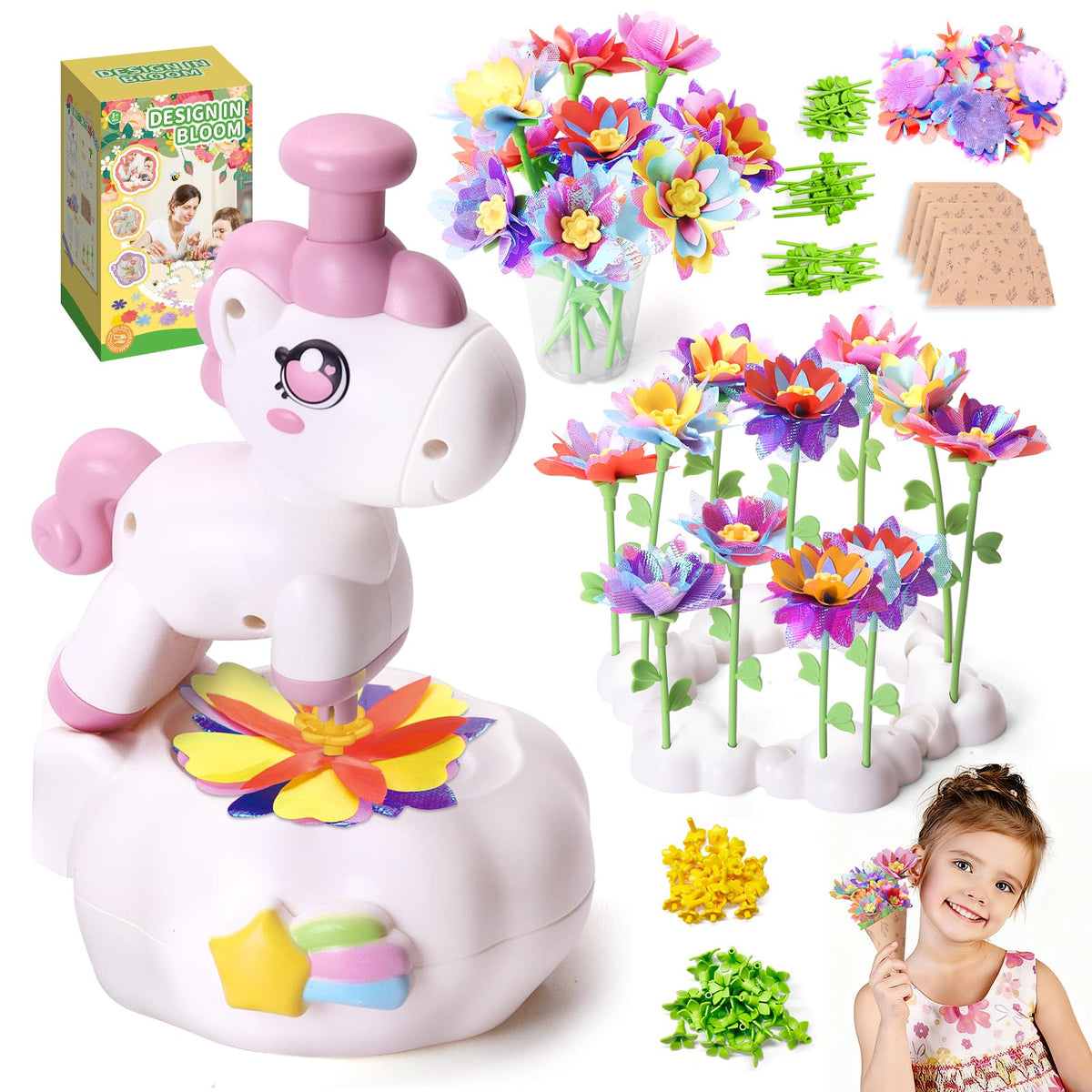 RISUNTOY Flower Craft Kit shows interchangeable stems and petals for endless bouquet designs