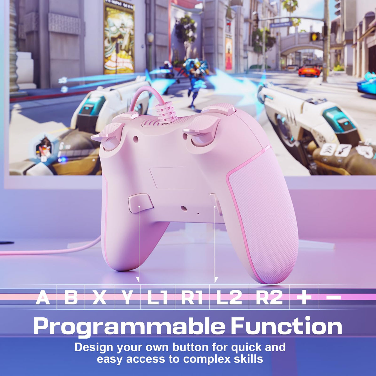 RivalPlay pink controller 2m-cable provides flexible seating positions.