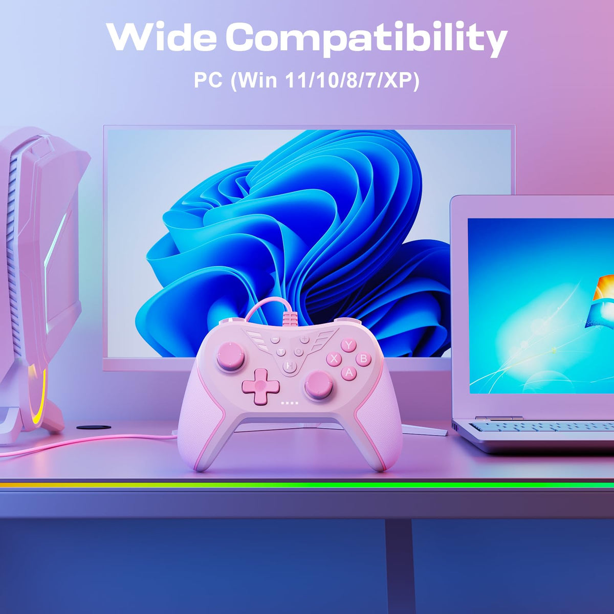 RivalPlay pink controller adjustable-vibration for personalized tactile feedback during play.