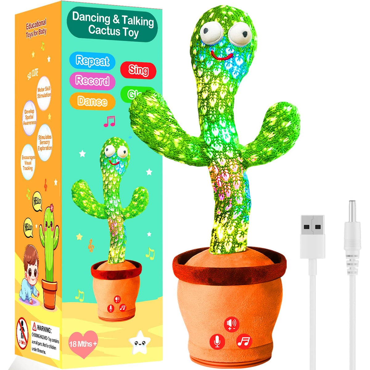 River Mill rechargeable dancing cactus toy shown from the front for engaging play and friendly design