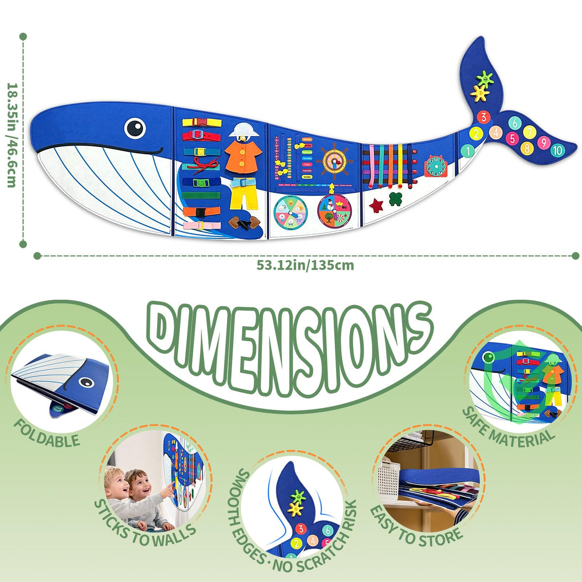 Rivibou busy board with zippers and buttons for screen-free skills.