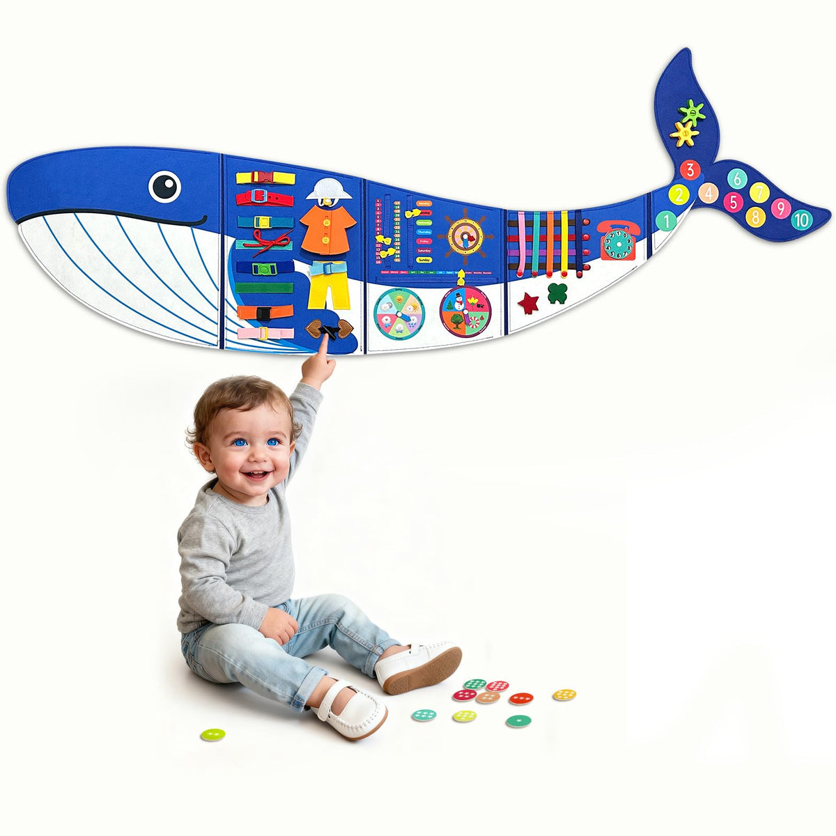 Rivibou Whale foldable busy board, portable learning and hands-on play.