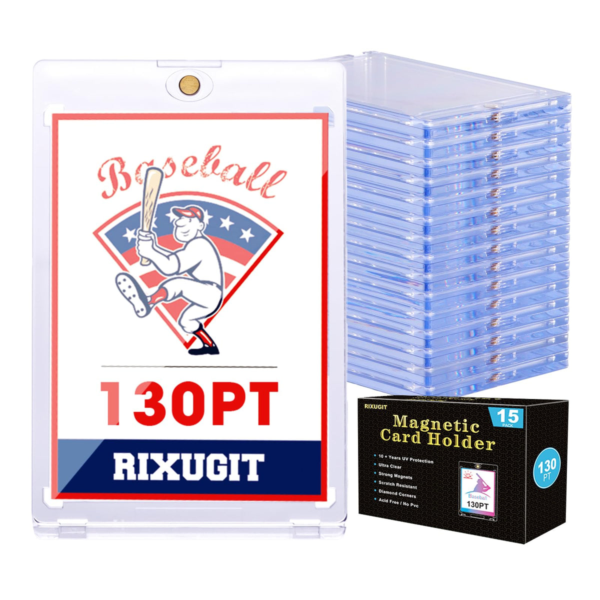RIXUGIT 130pt magnetic card holder close-up showing strong magnet for secure storage.