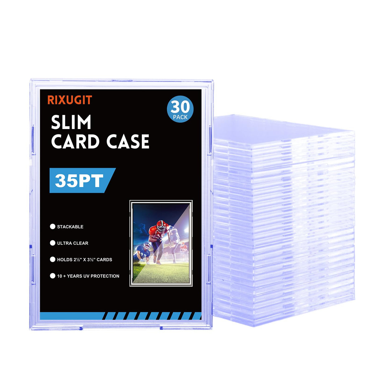 RIXUGIT 30-pack slim card holders in lineup highlighting compact profile and portability.