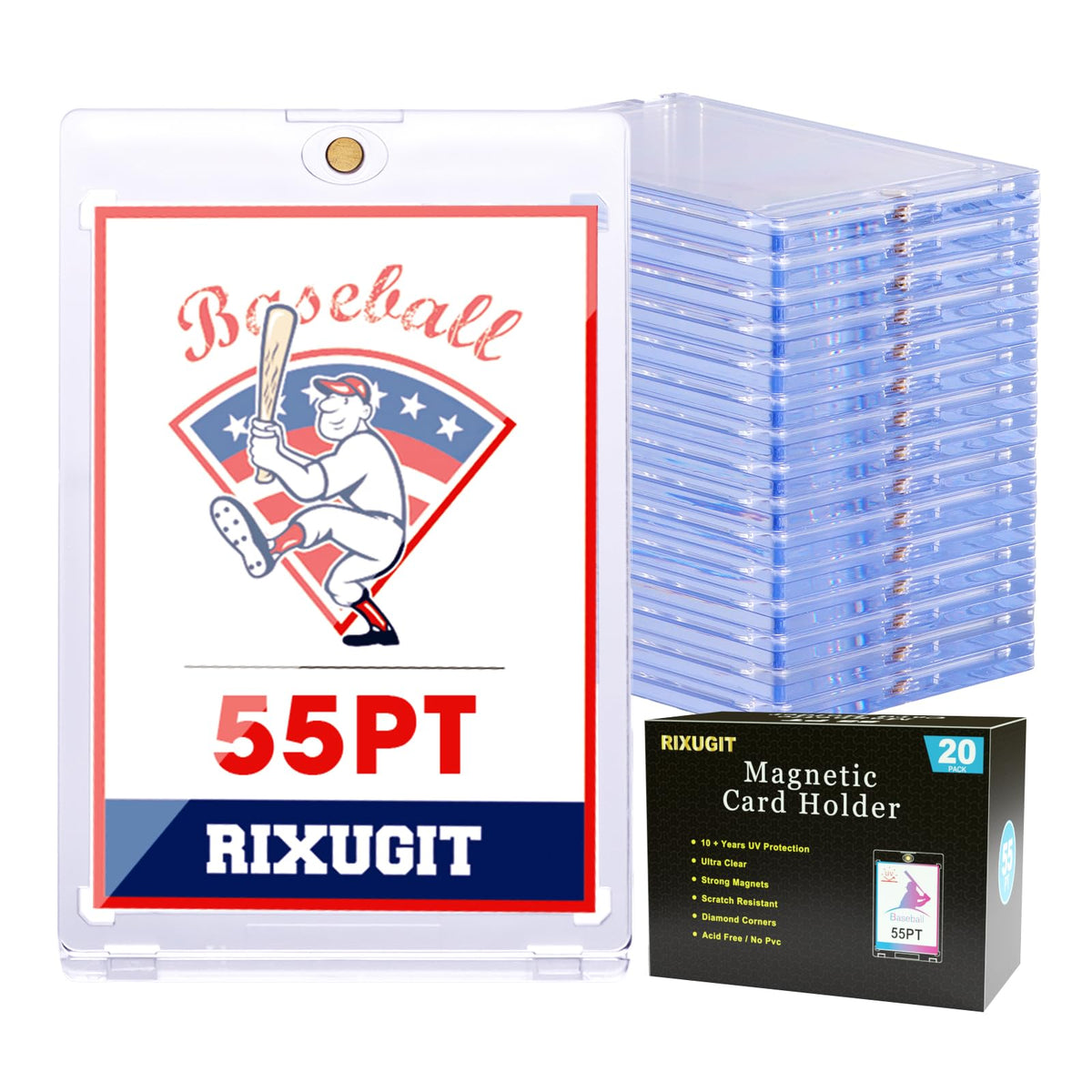 RIXUGIT 55pt one-touch magnetic card holder, front view showing clear protection