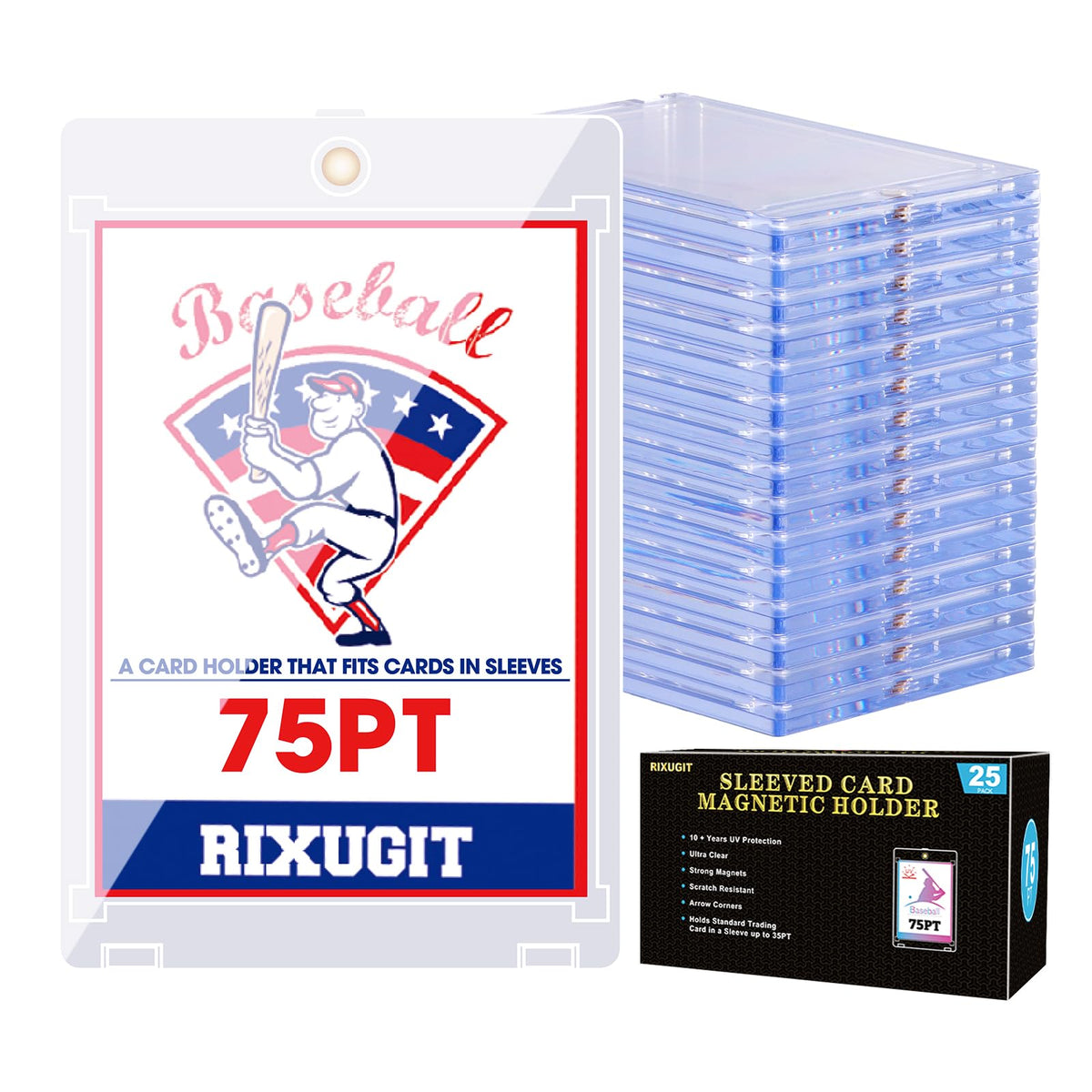 RIXUGIT 75PT sleeved card holder front view protects cards with crystal clarity.
