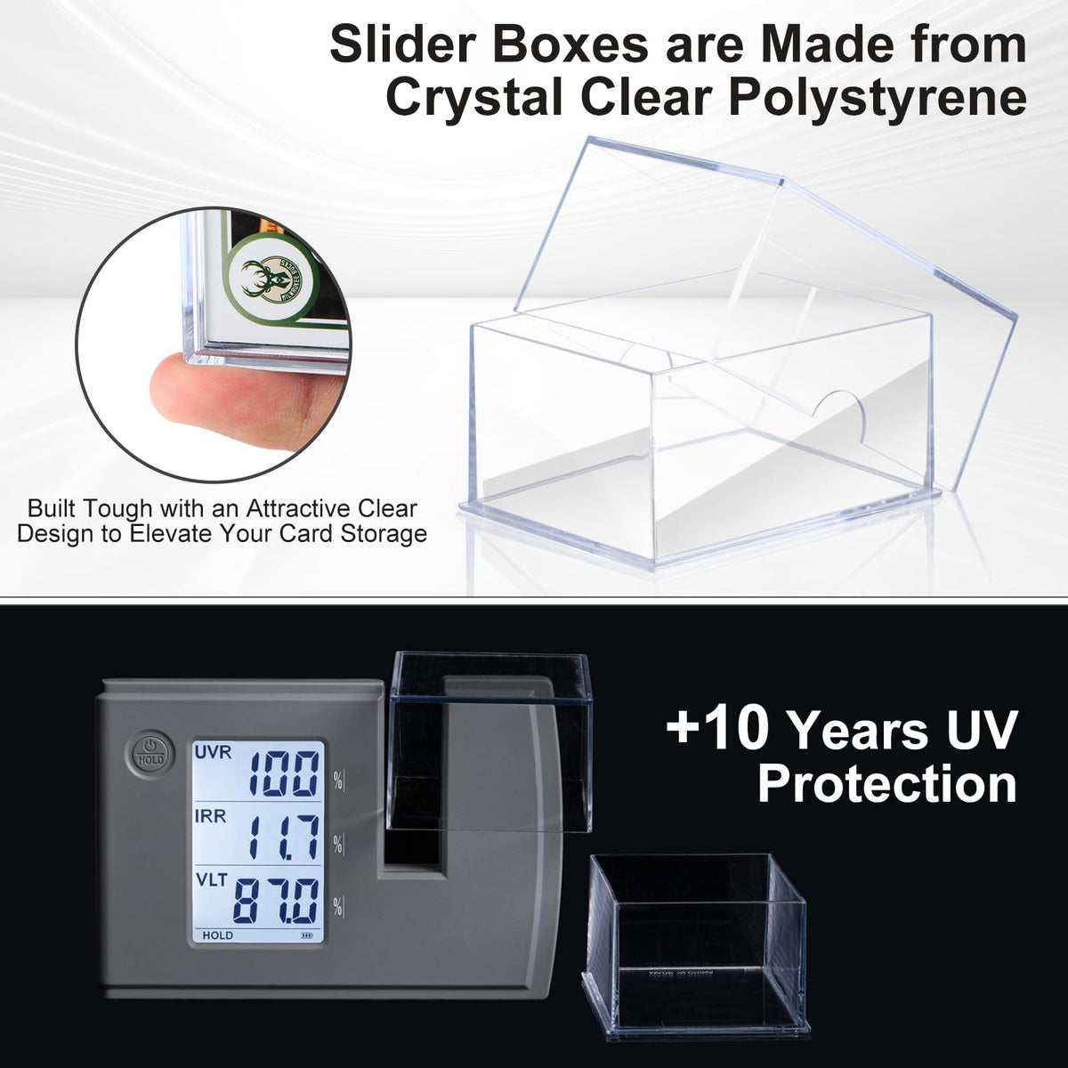 Clear deck boxes offer quick content identification at a glance.