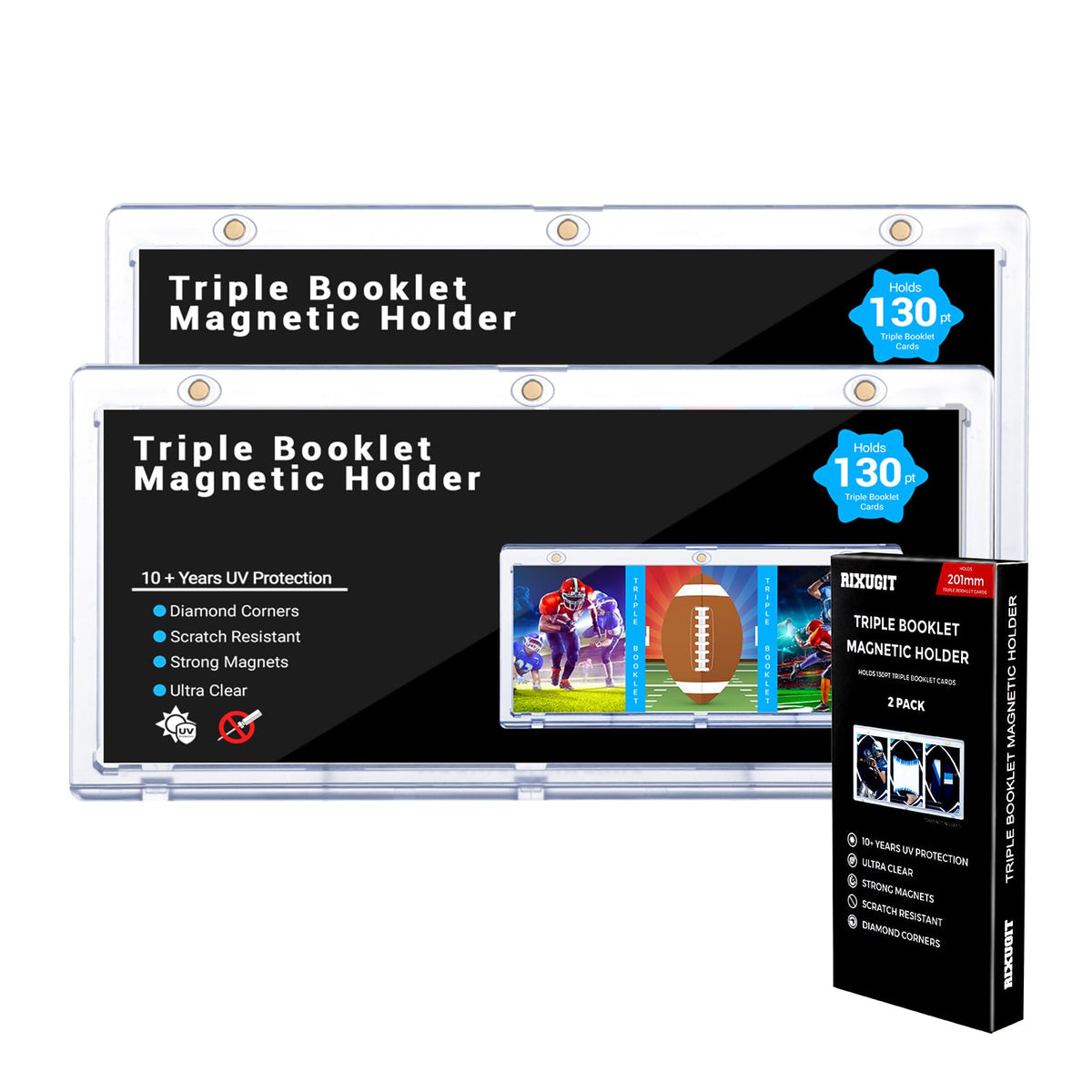RIXUGIT triple booklet magnetic card holder front view shows clear protection for bookmarks.