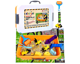 Riyo Play construction sensory bin with road map mat for mess-free indoor play.