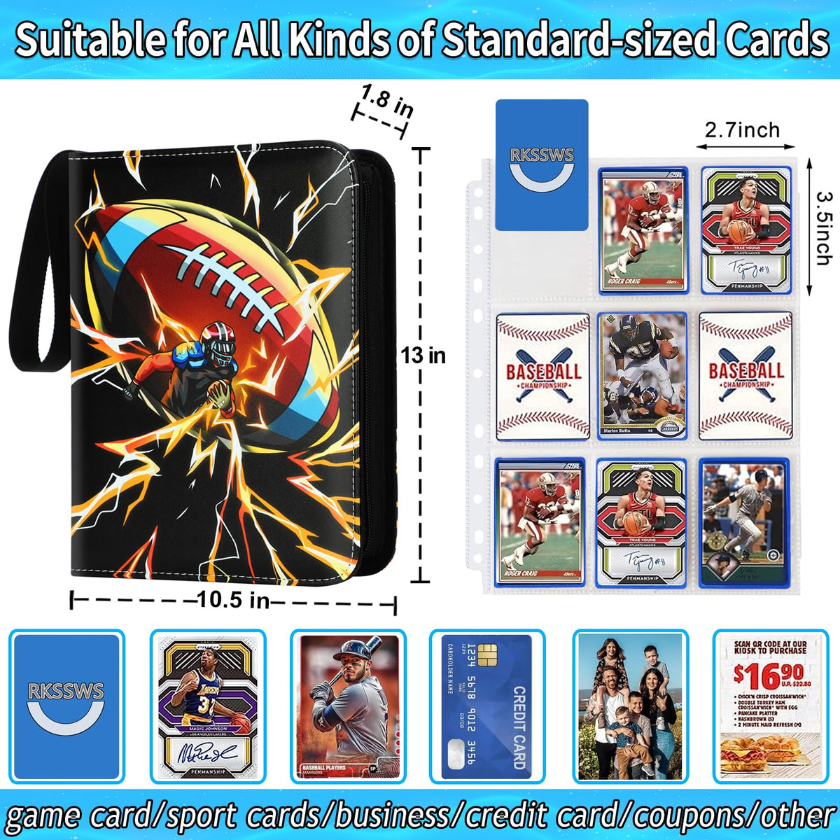 Rkssws 9-pocket binder with 4-ring buckle allows easy rearrangement.