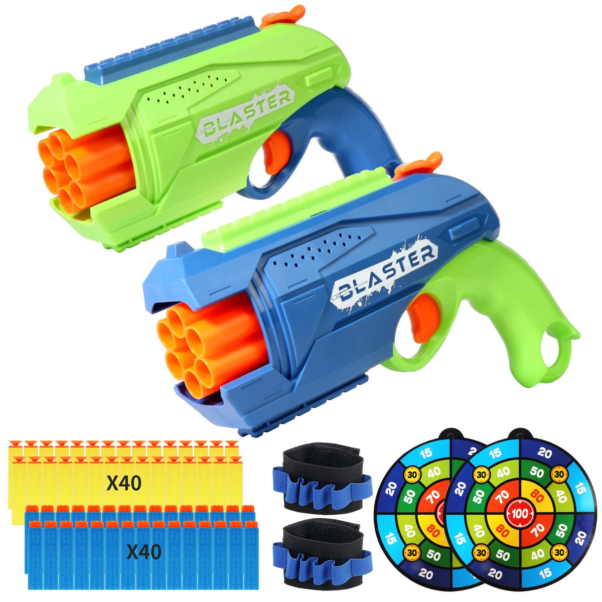 RLZHLYC two-pack foam blaster with rotating drum for backyard battles and safe play.