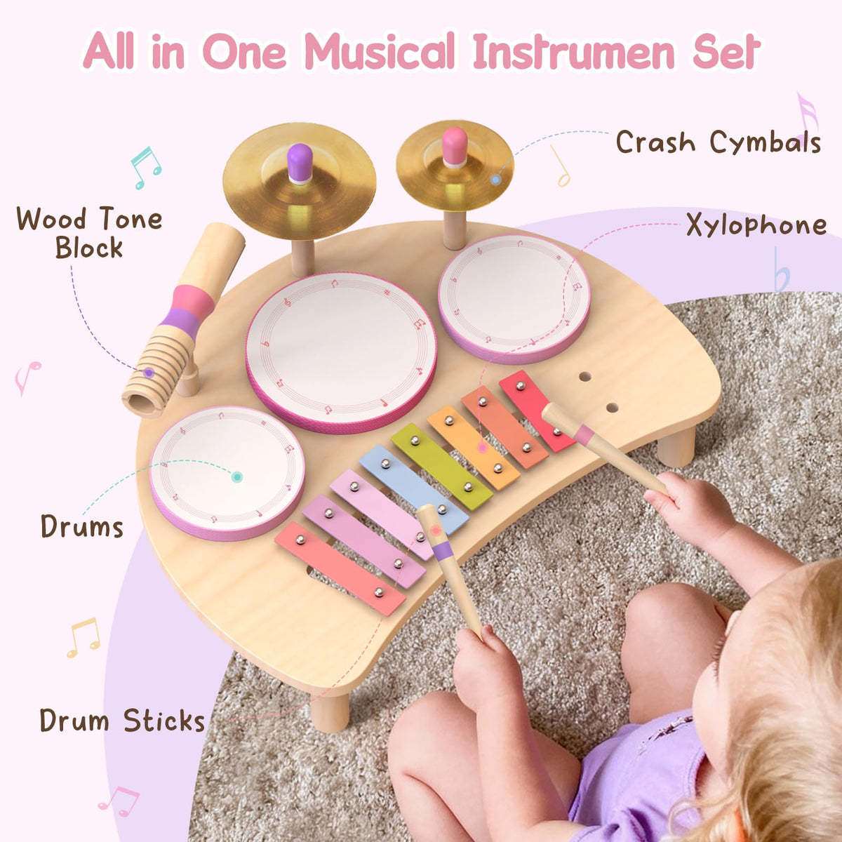 Rmischolar wooden baby drum set with cymbals supports sensory play.