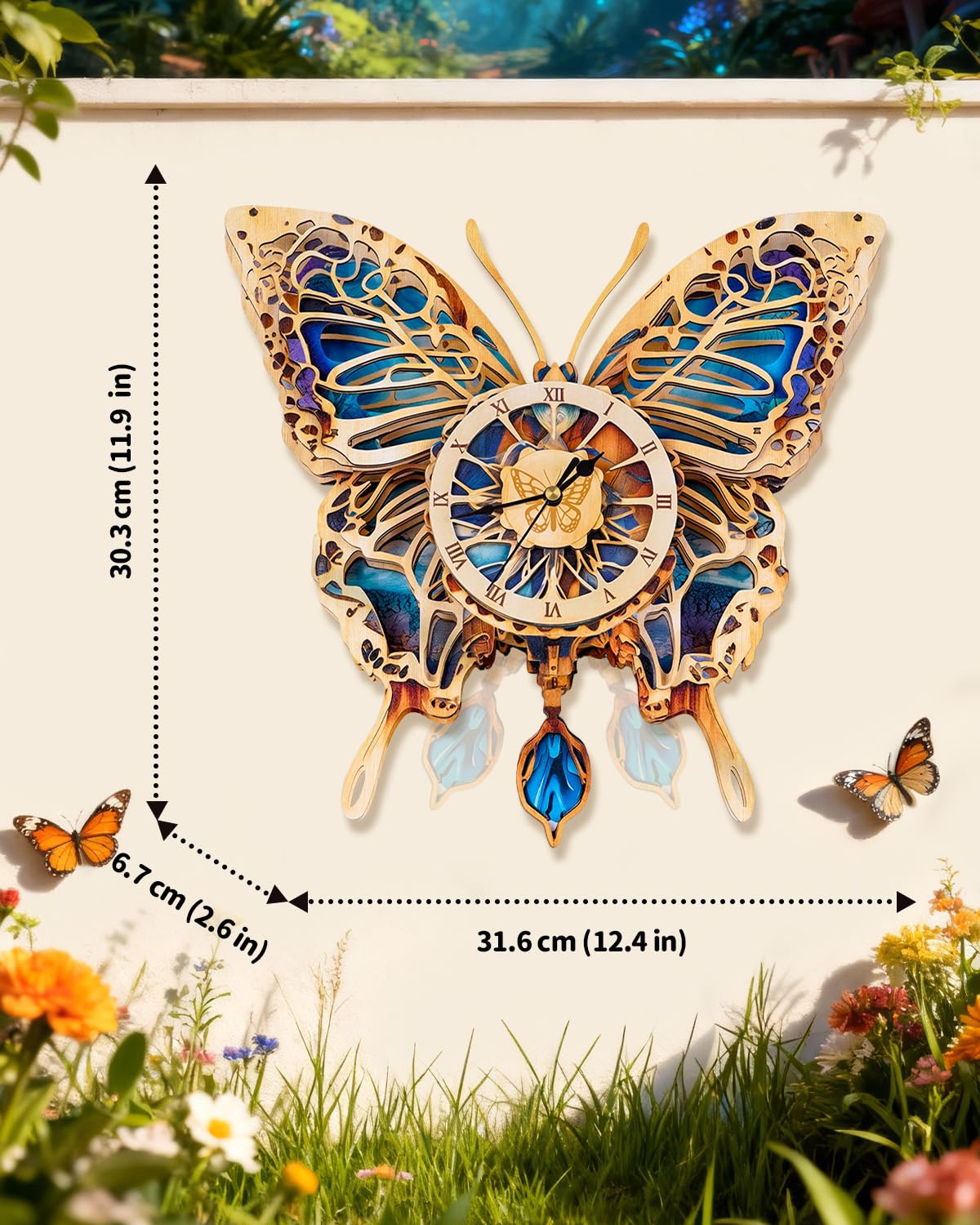Rnfinewow butterfly clock pendulum detail, adding motion and charm