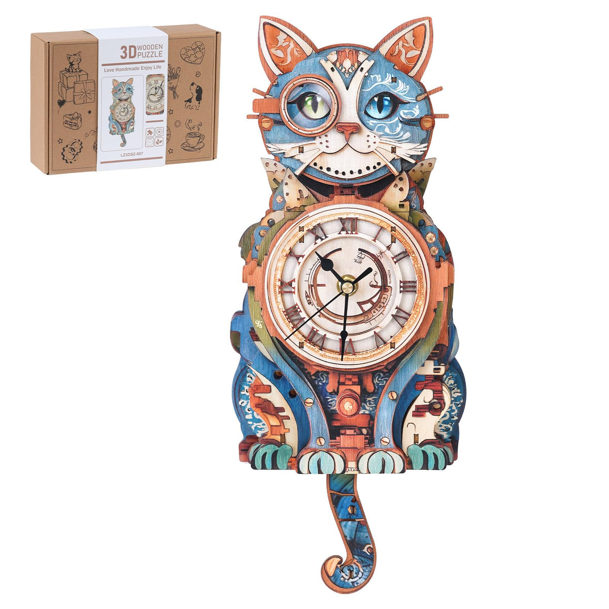 Rnfinewow Cat Detective Clock assembled, a striking 3D design for stylish home decor