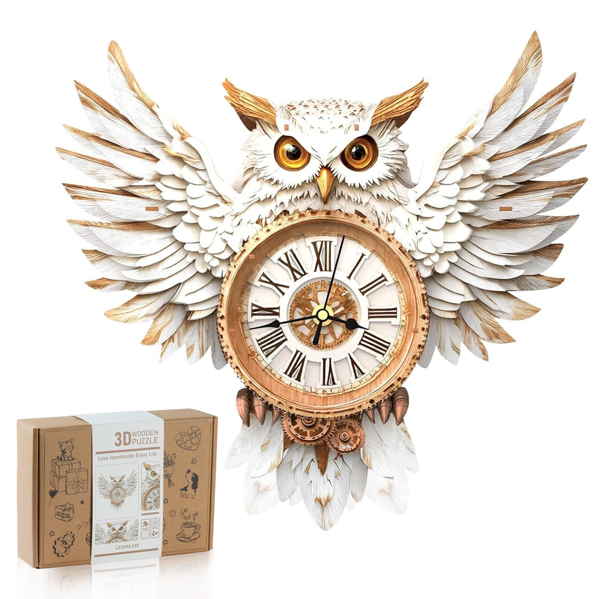 Rnfinewow snowy owl clock puzzle pieces fitting together for stylish wall decor
