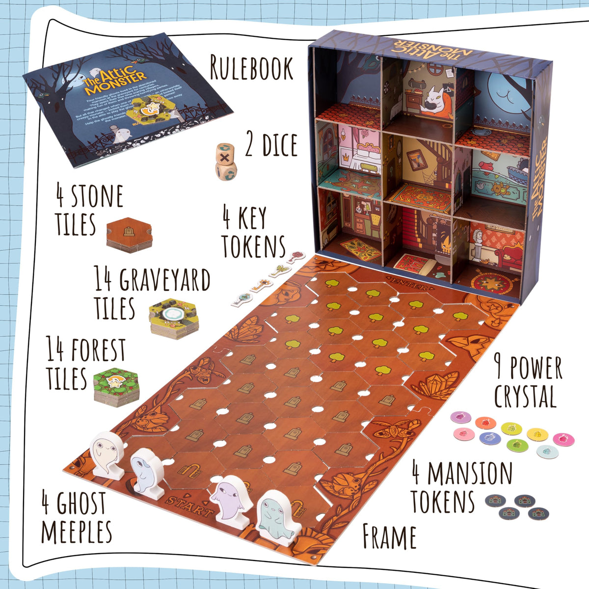 3D mansion tiles from The Attic Monster board provide tactile setup.