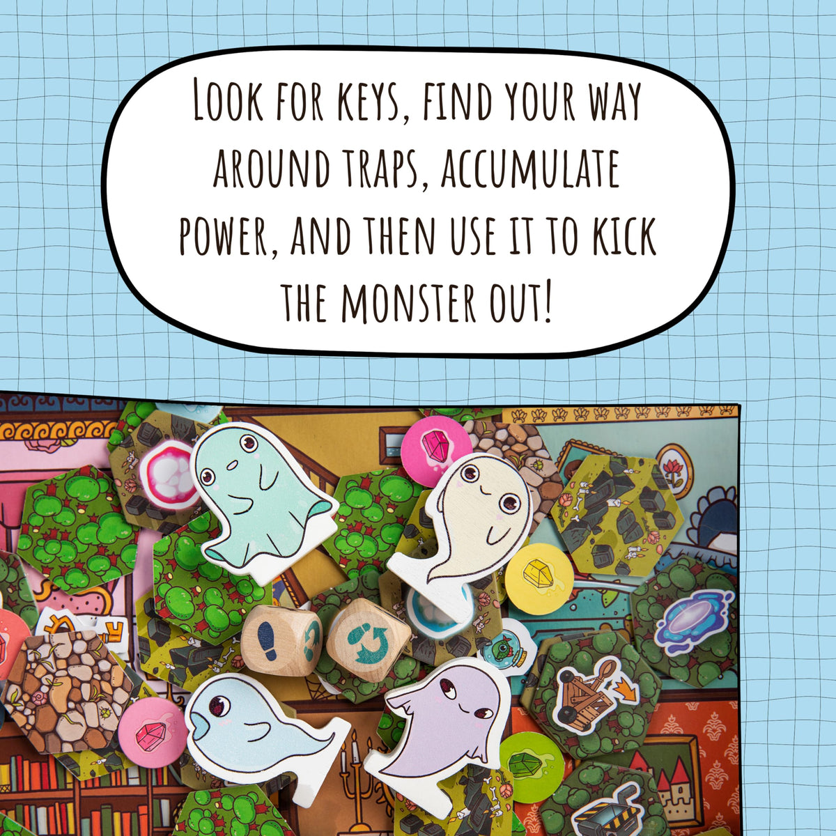 Cooperative play scene with keys and a friendly ghost from Roast & Toast Games.