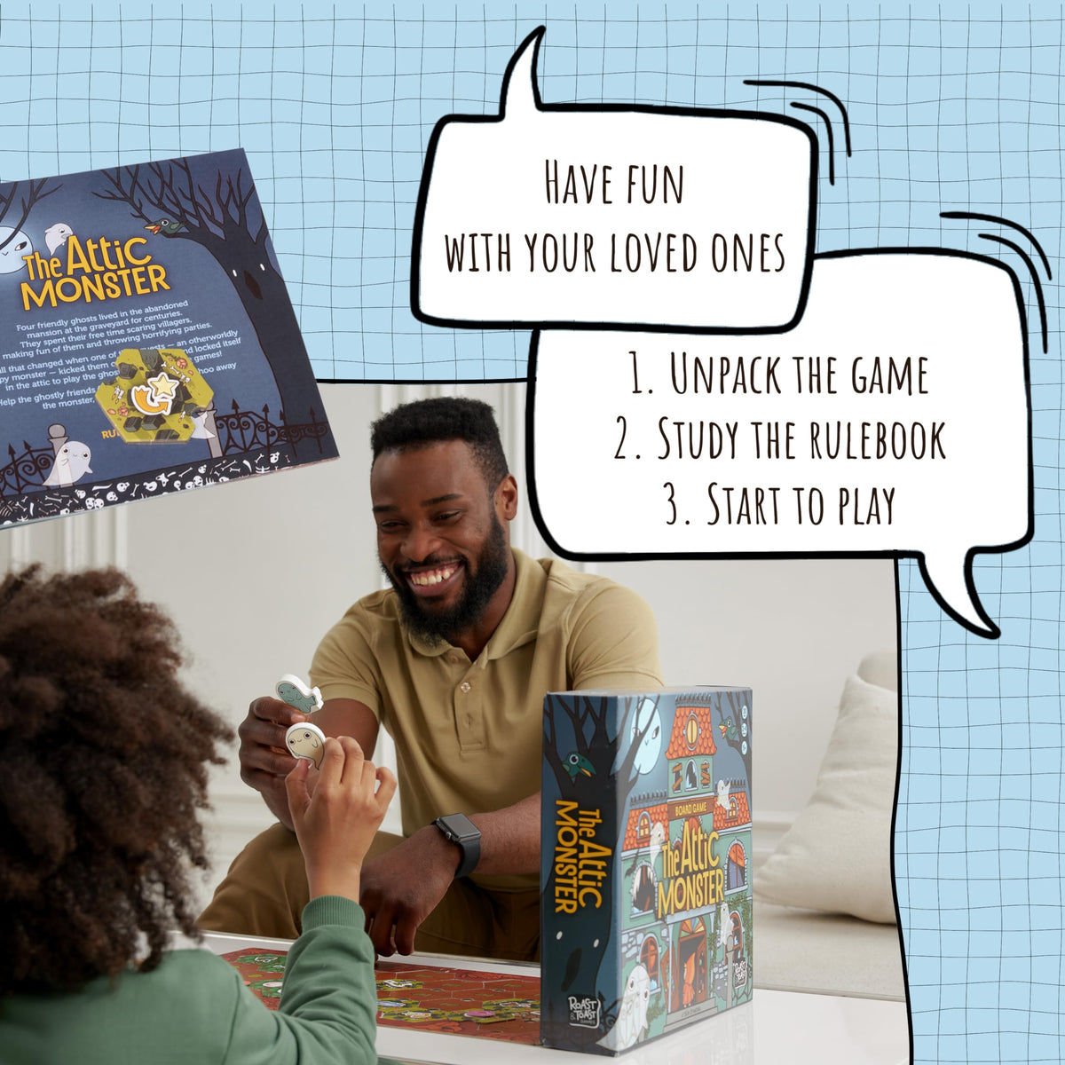 Bright, kid-friendly art in The Attic Monster appeals to families.