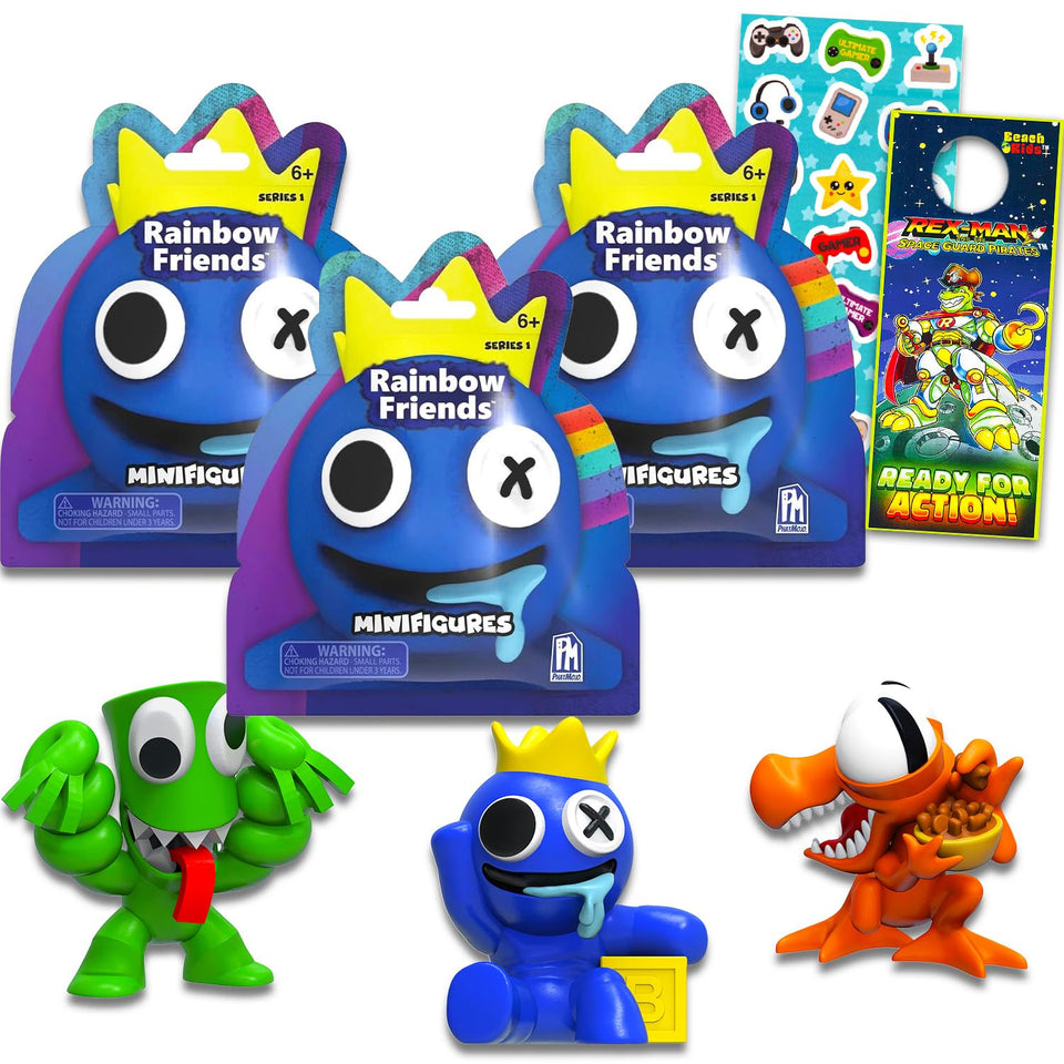 Roblox Rainbow Friends mystery blind bags three-pack with collectible figures and stickers.