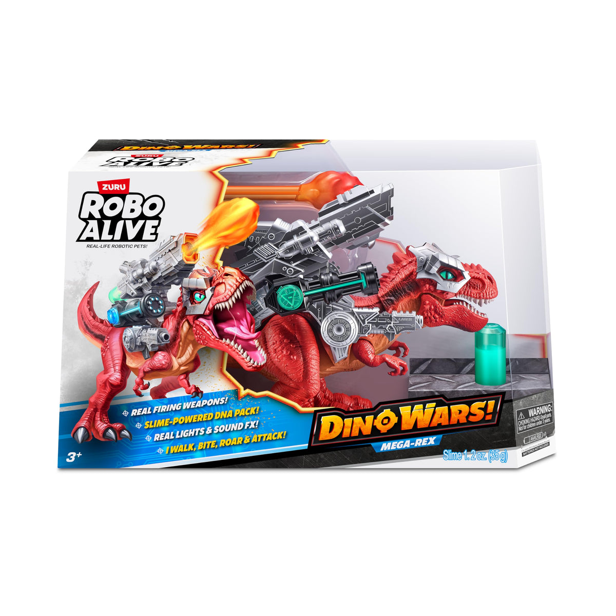Robo Alive Mega-Rex wearing removable armour enhances battle readiness and customization.