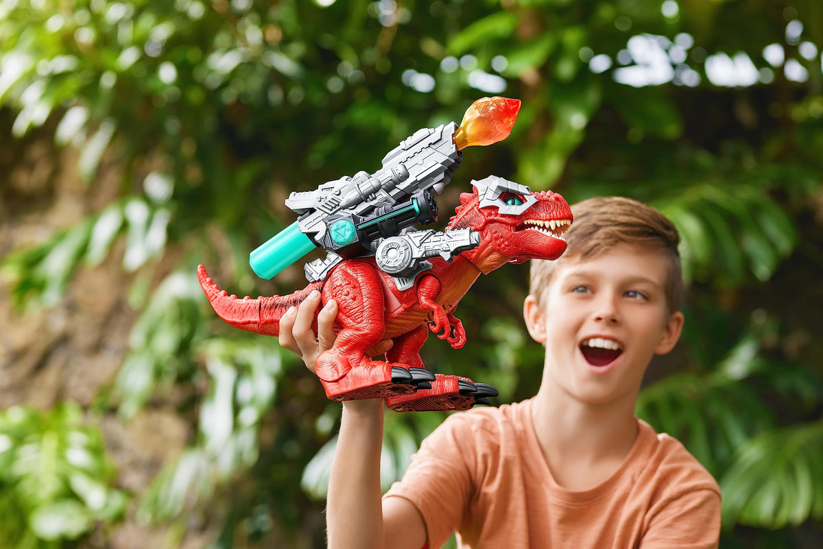 Robo Alive Mega-Rex light-up blaster creates dramatic battle visuals.