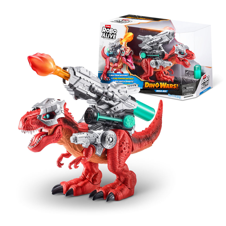Robo Alive Mega-Rex walks with lifelike motion for immersive battle play.