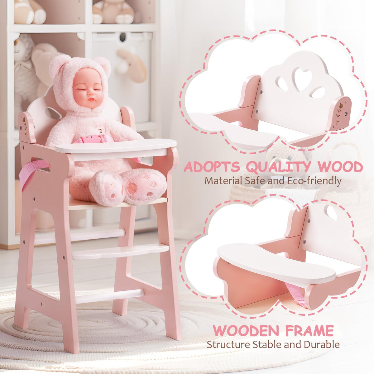 ROBOTIME high chair fits 18-inch dolls for realistic feeding moments.