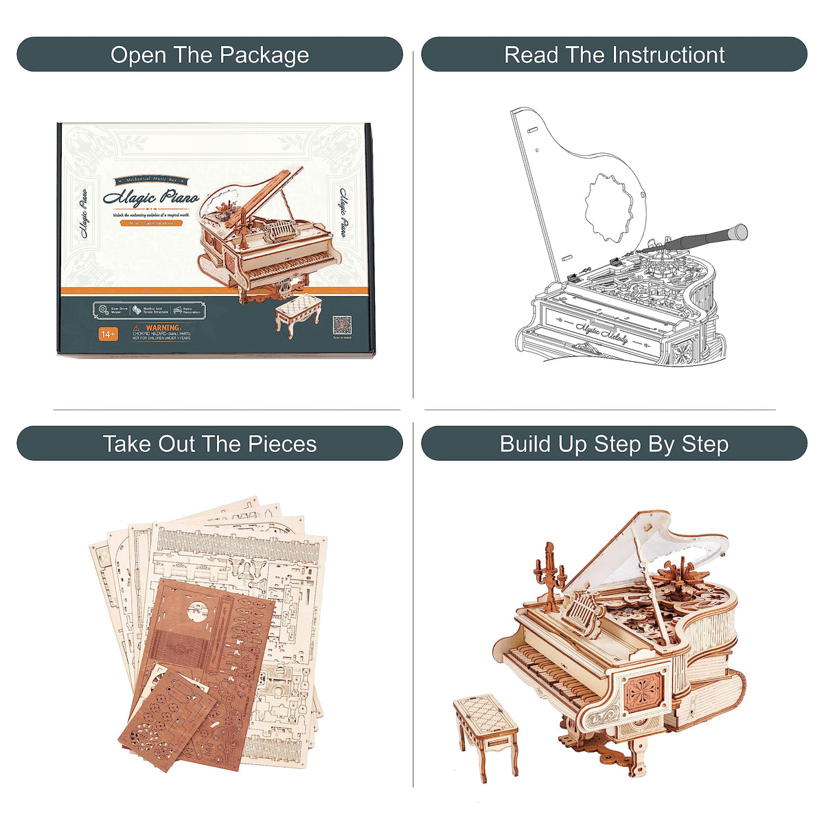 Robotime AMK81 mechanical music box, wind the handle to hear a gentle tune.