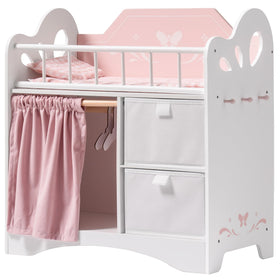 Robotime Baby Doll Crib with storage shown holding clothing and toys