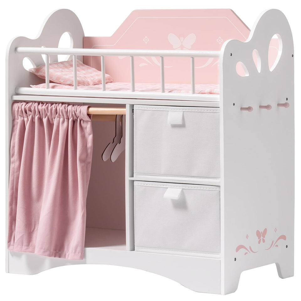 Robotime Baby Doll Crib with storage shown holding clothing and toys