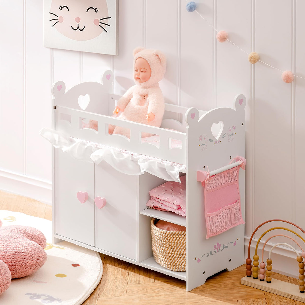ROBOTIME baby doll crib wooden frame in pink and white for cozy playtime