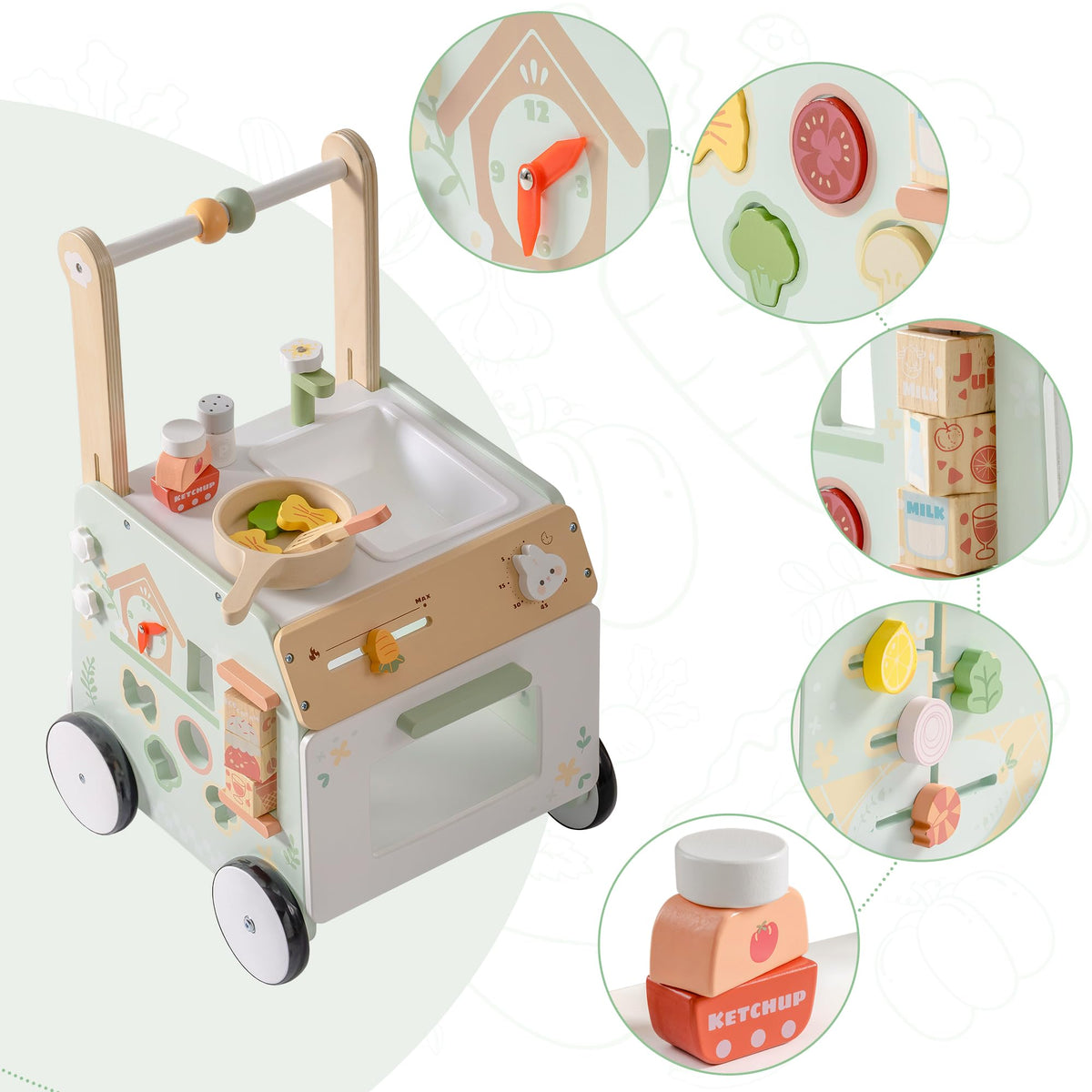 ROBOTIME push toy includes shape sorter to support recognition skills.