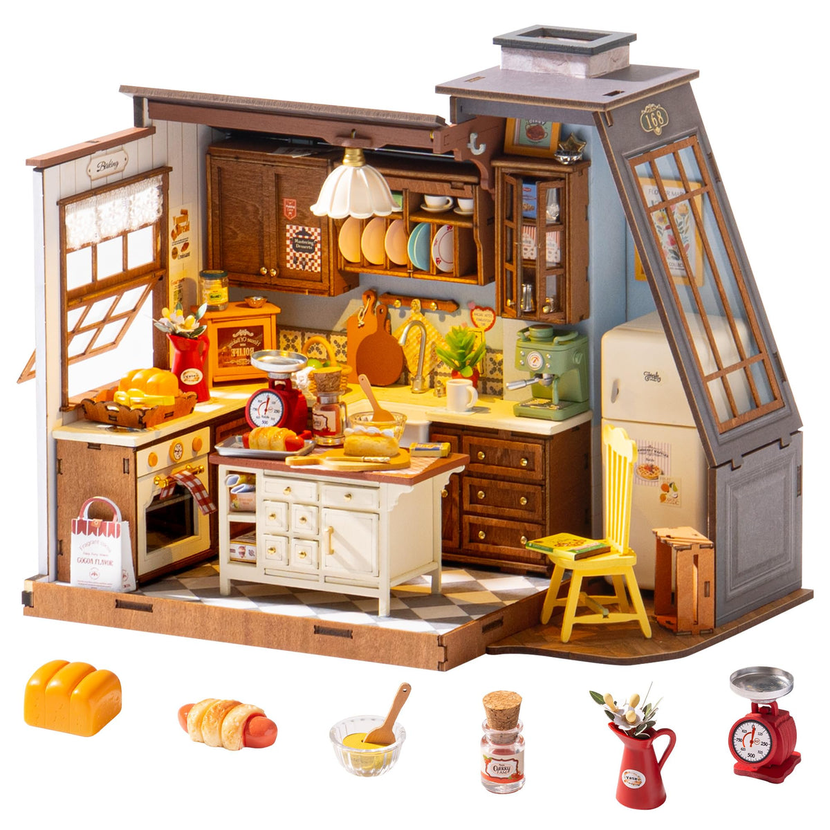 Robotime baking kitchen model with LED lighting for a warm, inviting display