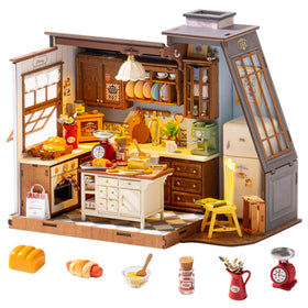 Robotime baking kitchen model with LED lighting for a warm, inviting display