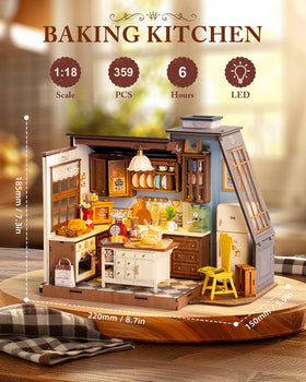 Robotime baking kitchen model windowsill detail adds cozy bakery ambience