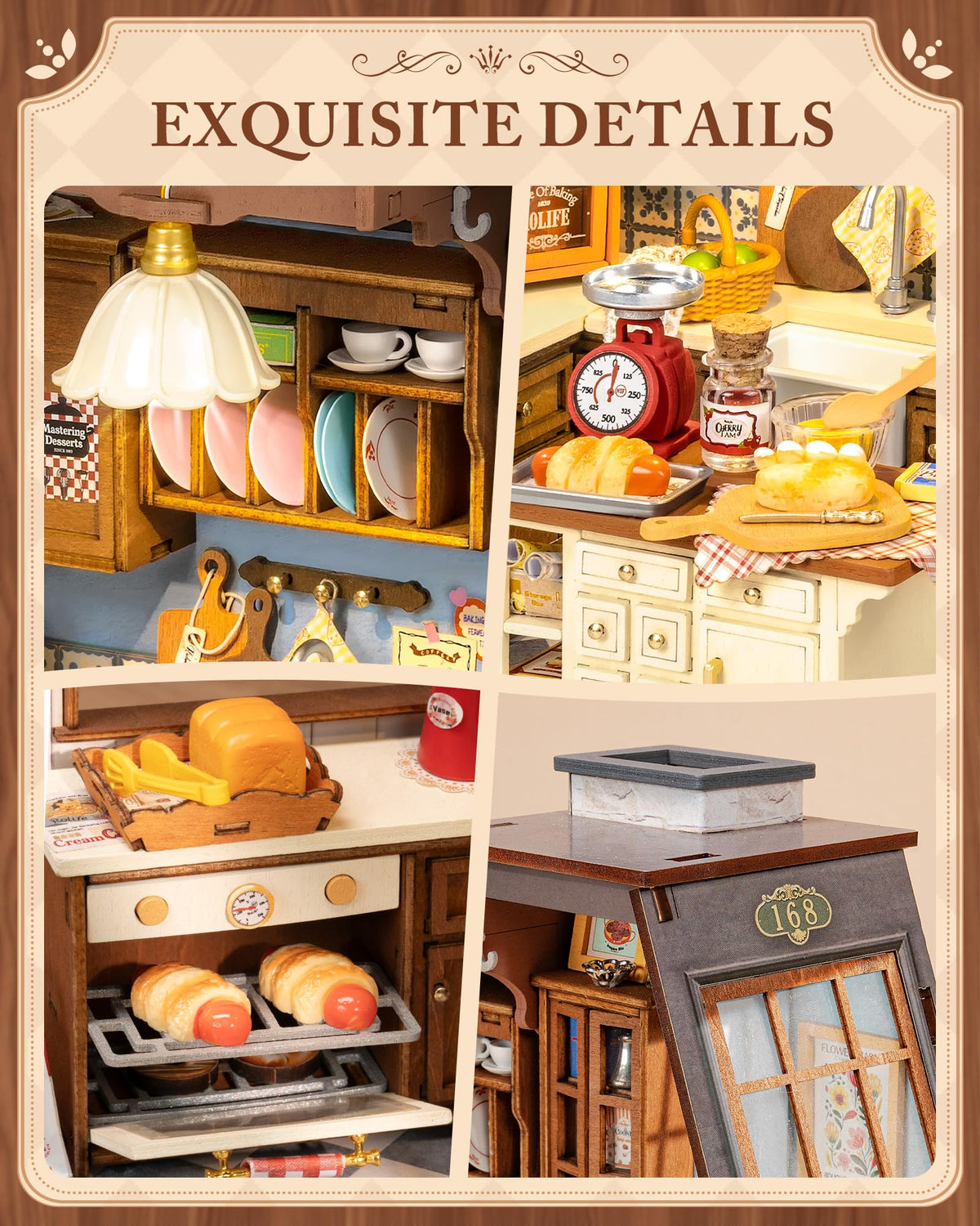 Robotime baking kitchen model shows a wooden island with authentic kitchen details