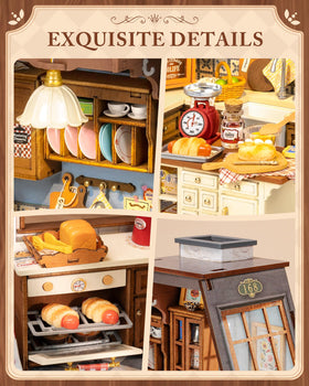 Robotime baking kitchen model shows a wooden island with authentic kitchen details