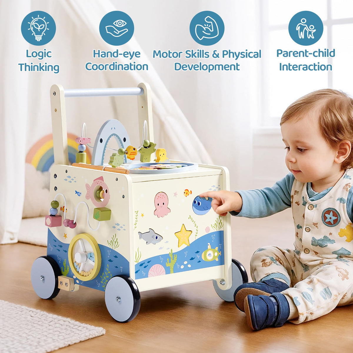 Robotime sturdy wooden walker with rounded edges and non-slip wheels for safety.