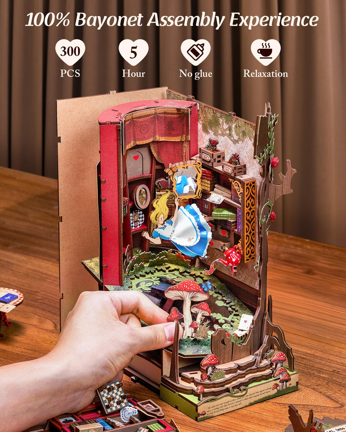 Robotime Book Nook chessboard base adds narrative charm to shelves.