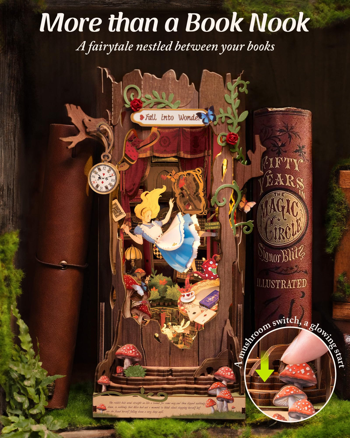 Robotime Book Nook pocket watch and mushrooms enhance tactile storytelling.